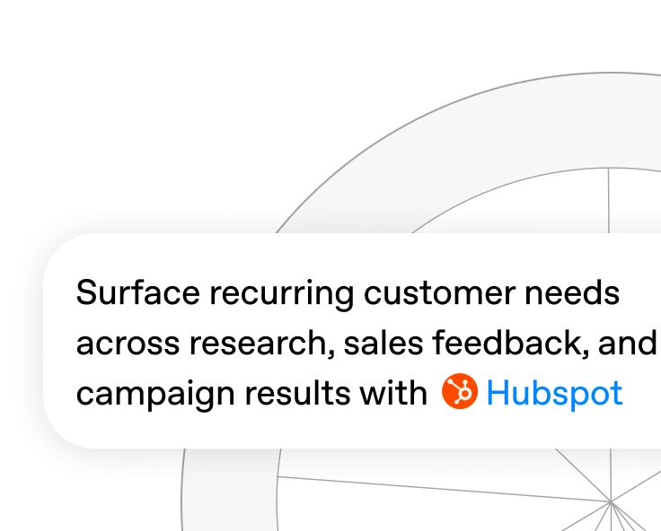 Circular chart interface with a prompt asking HubSpot to surface recurring customer needs across research, sales feedback, and campaign results.