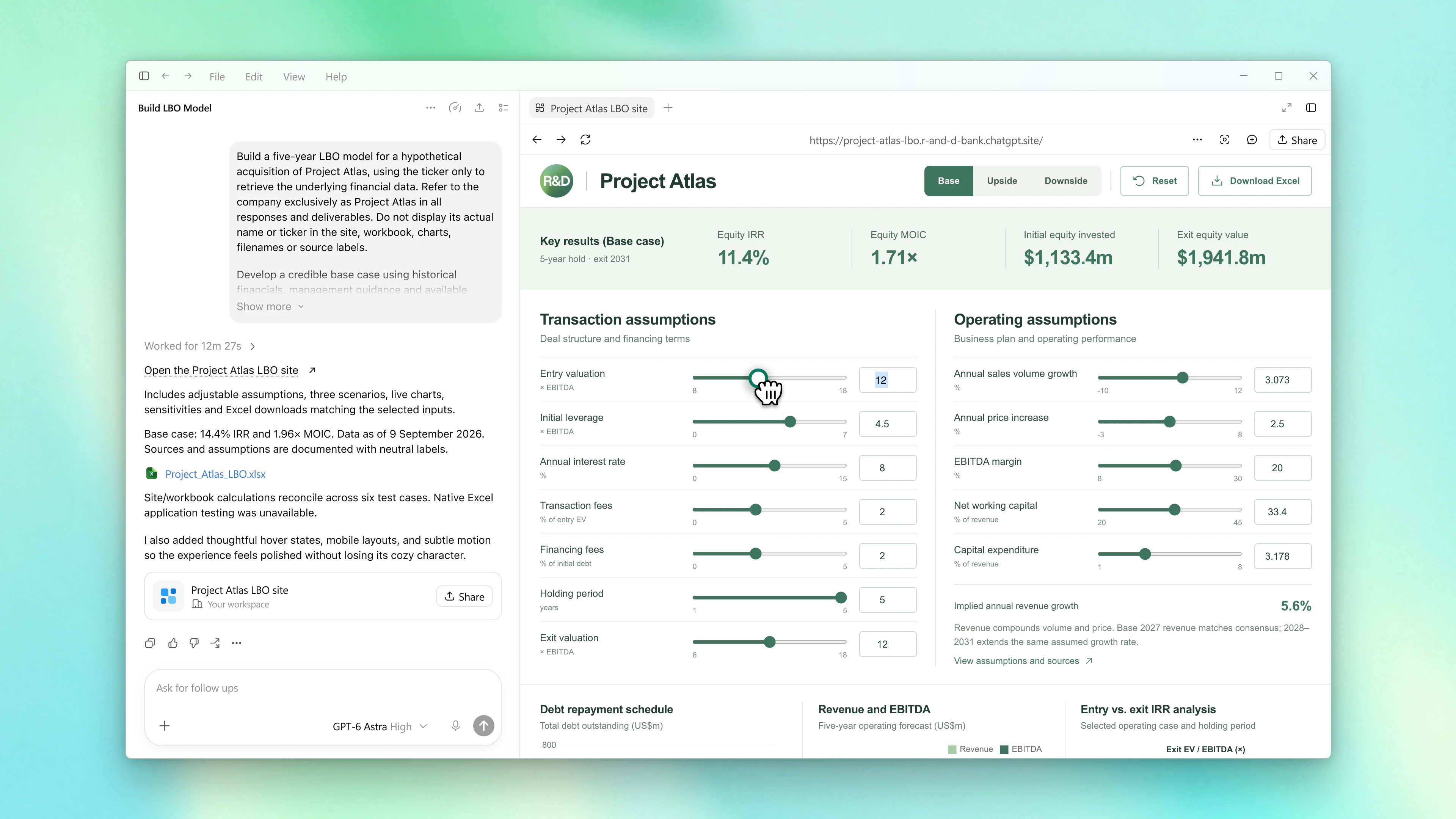 Product screen showing leveraged buyout modelling in ChatGPT for Financial Services.