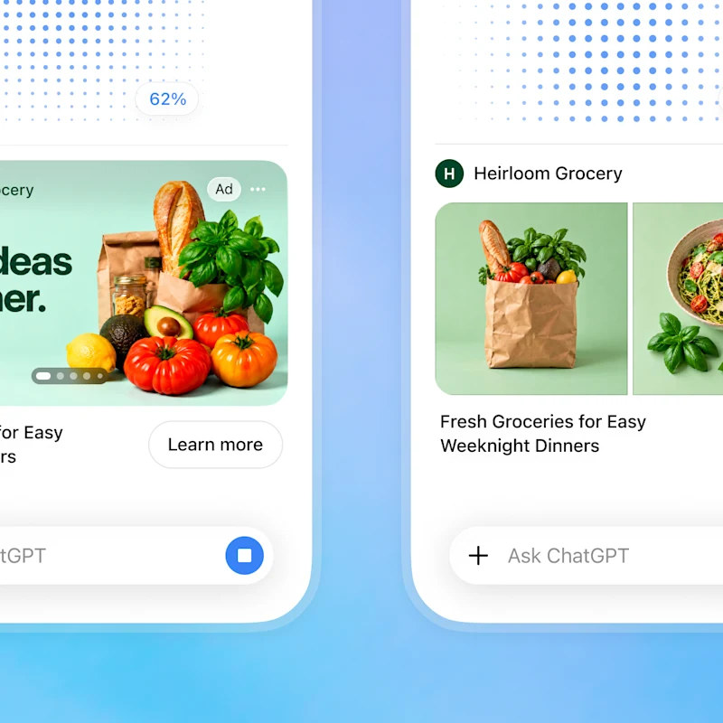 Two ChatGPT mobile screens showing visual ads with product images and Learn More buttons during image generation