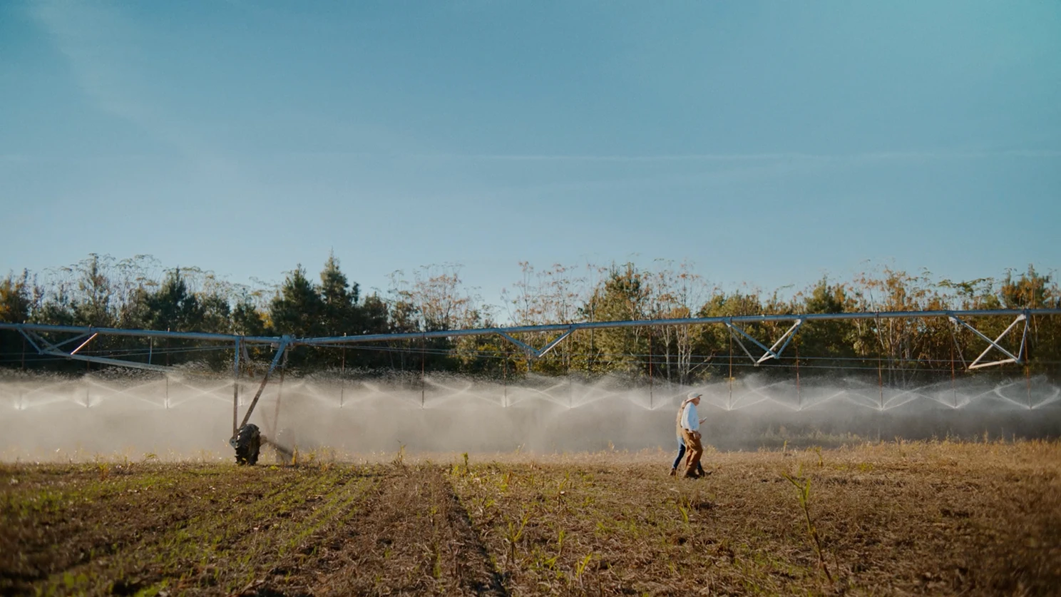 Two people walk across a dry agricultural field while a long metal irrigation system sprays water in a fine mist behind them under a clear blue sky.