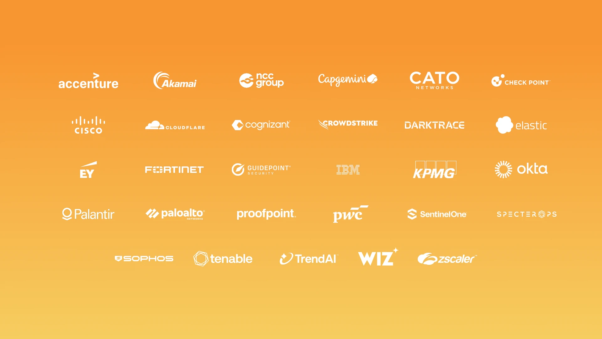 Logo cloud on an orange-to-yellow gradient background showing customer or partner logos, including Accenture, Akamai, NCC Group, Capgemini, Cato Networks, Check Point, Cisco, Cloudflare, Cognizant, CrowdStrike, Darktrace, Elastic, EY, Fortinet, GuidePoint Security, IBM, KPMG, Okta, Palo Alto Networks, Proofpoint, PwC, SentinelOne, SpecterOps, Sophos, Tenable, Trend AI, Wiz, and Zscaler.