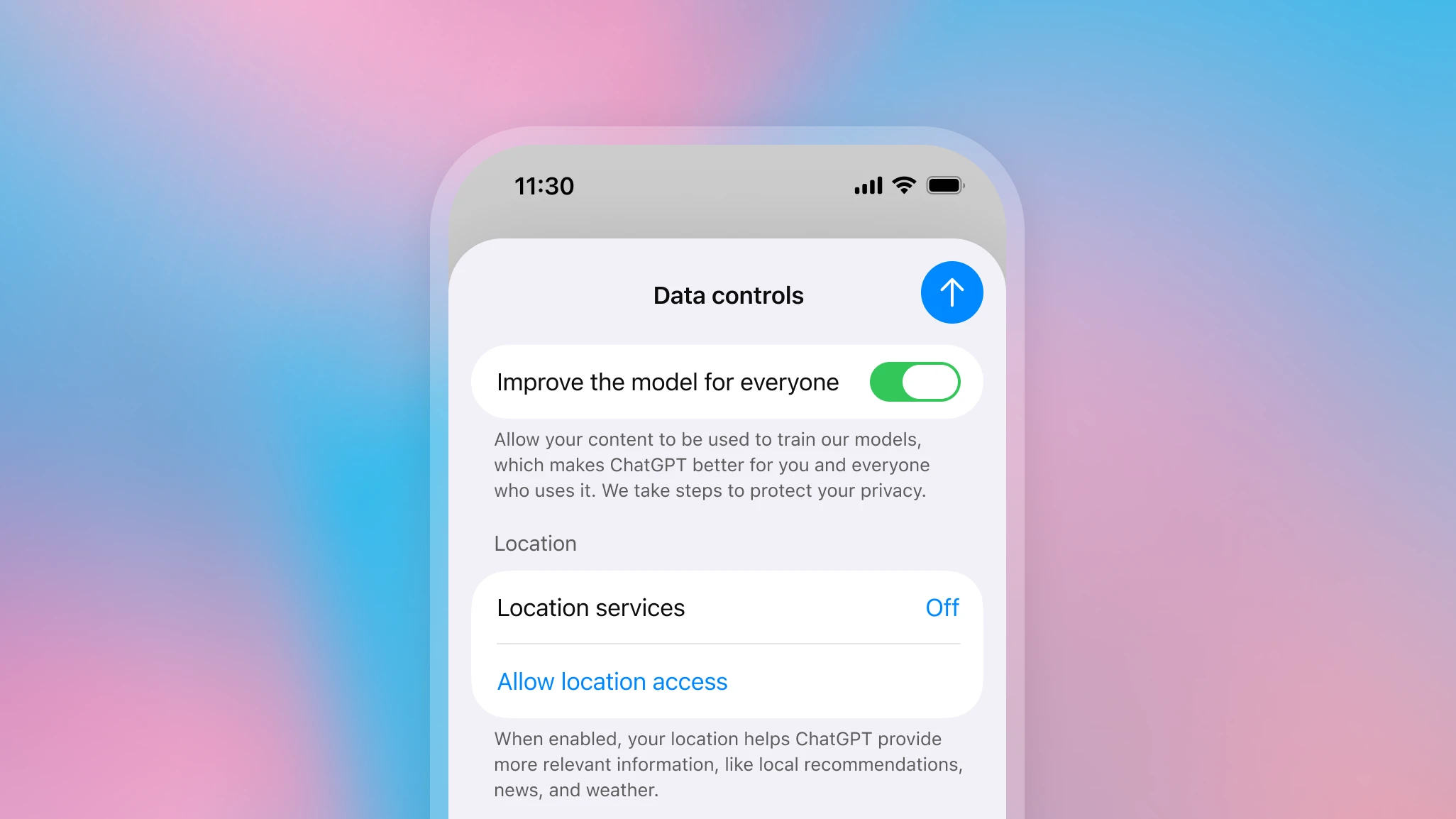 A mobile phone screen displays a privacy and data controls setting with options related to training models using user content and managing location access, emphasizing privacy prot