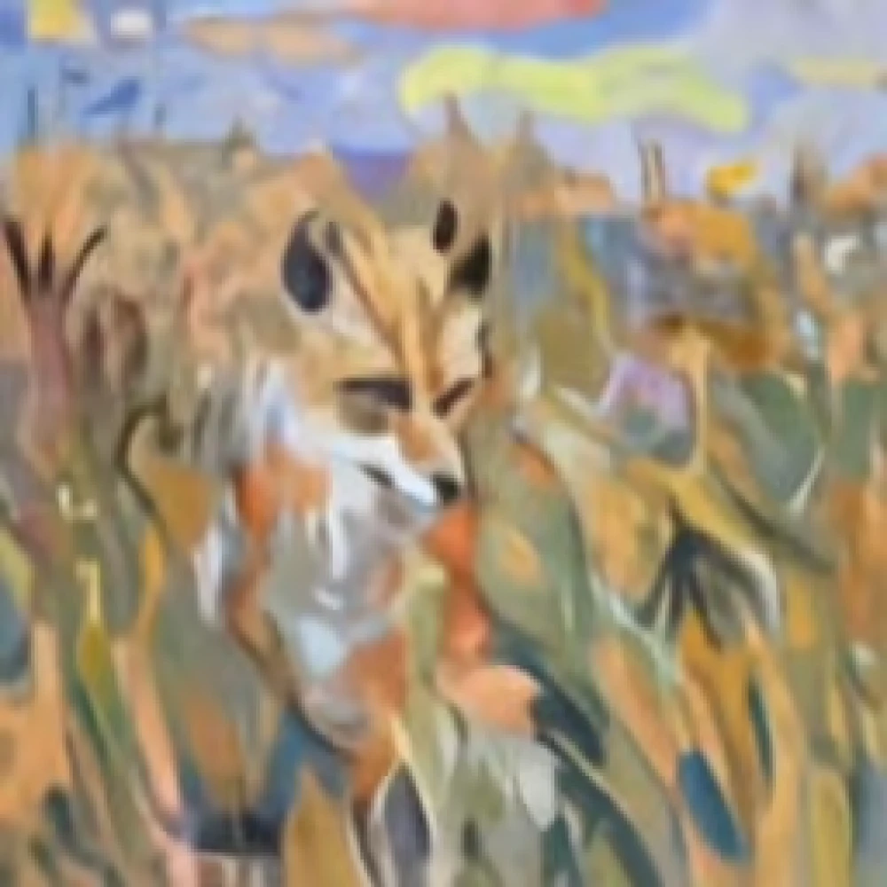 A blurry image of a fox in tall grass.