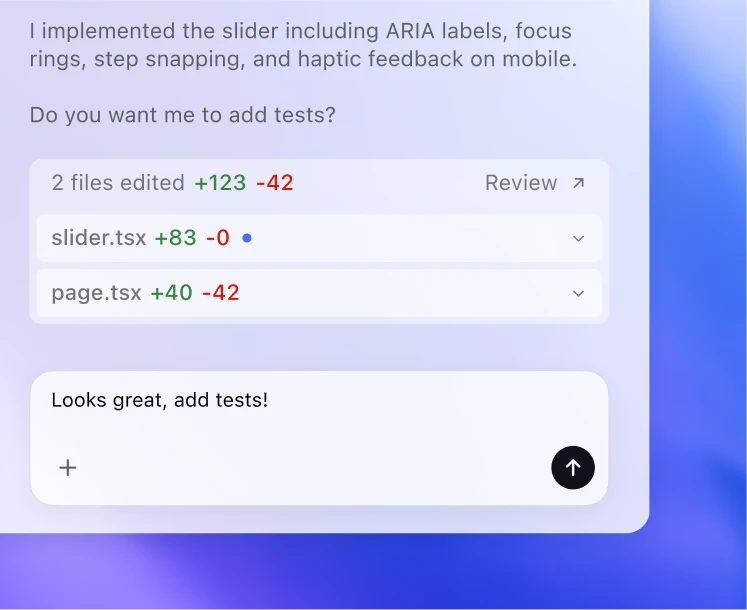 Code review interface showing recent changes after implementing dark mode. Two files are edited with added and removed lines, and a message says “Looks great, add tests!” indicating collaborative review and iteration within a development workflow.