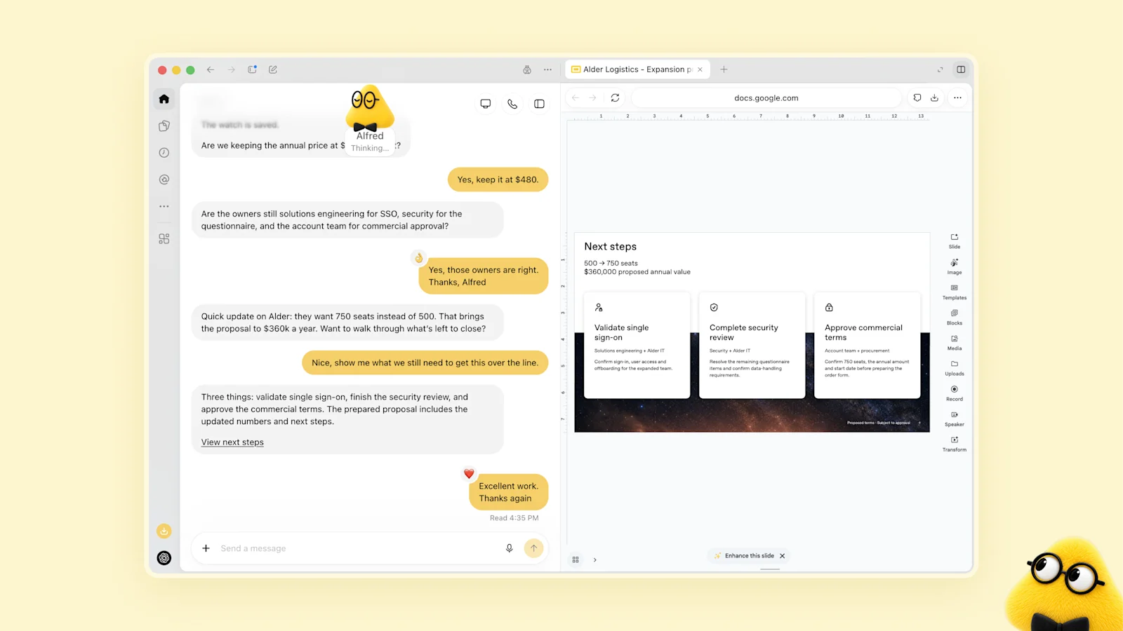 Dot amarelo Alfred discute proposta empresarial