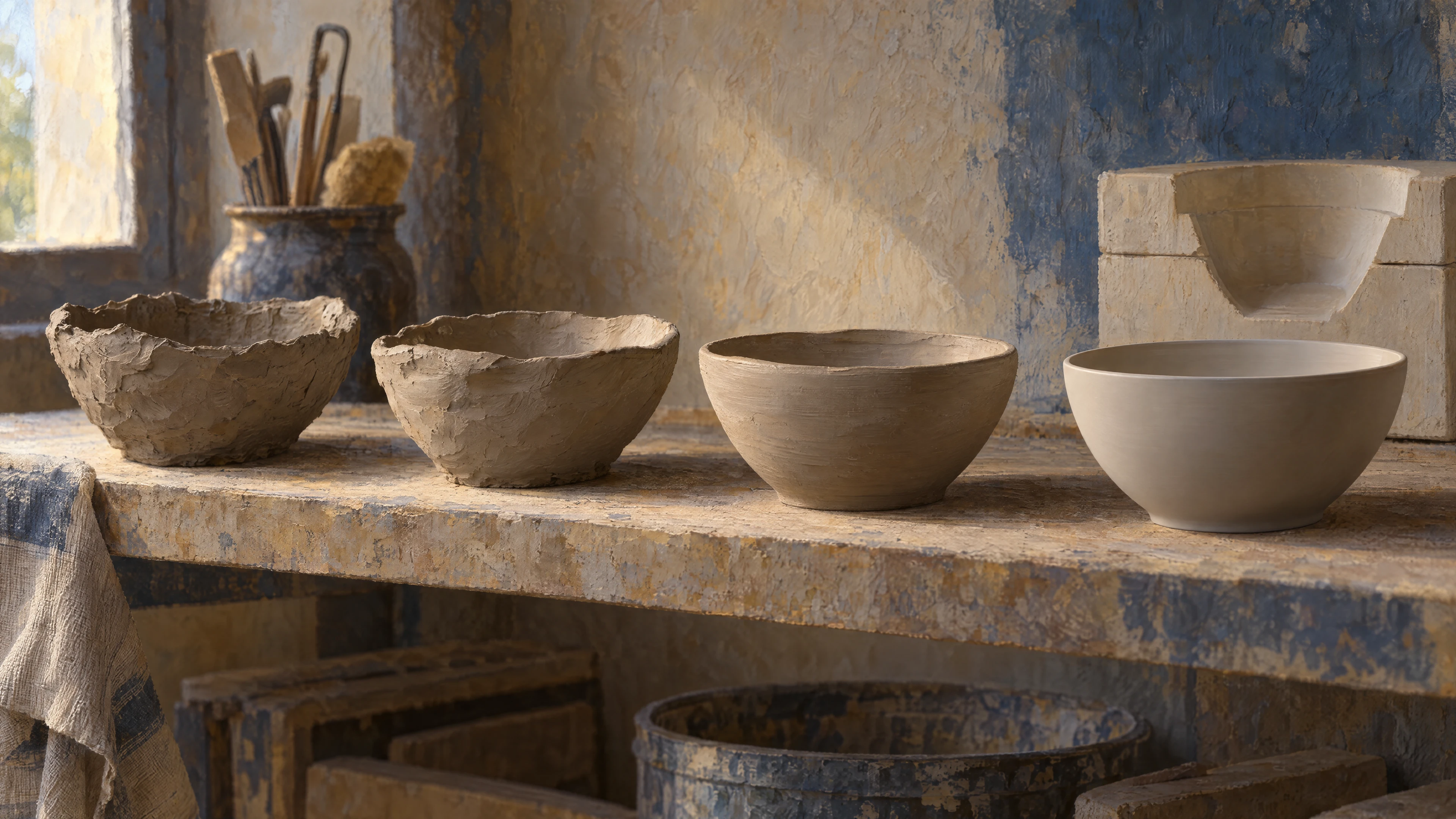 Image 4: Unfinished clay bowls and finished ceramic bowls sit on a potter’s workbench.