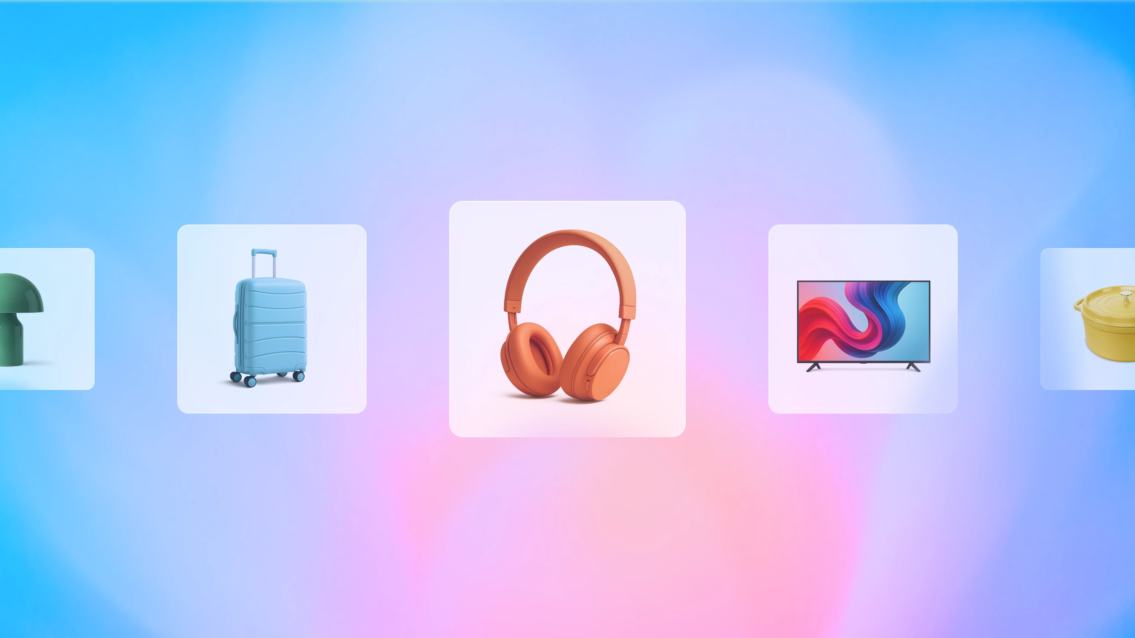 A carousel of products featuring a lamp, suitcase, headphones, TV, and dutch oven