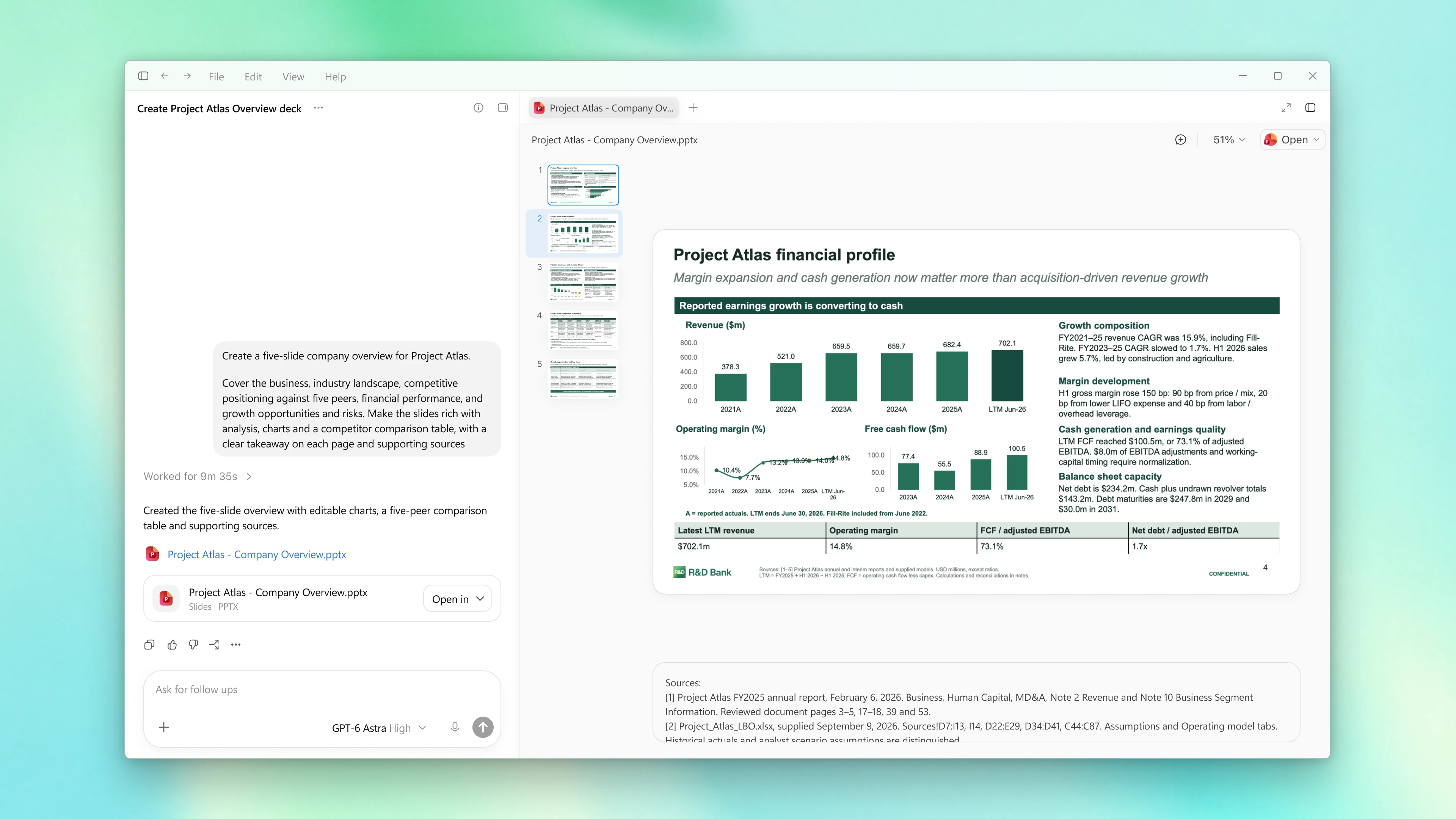 Product screen showing pitchbook preparation in ChatGPT for Financial Services.