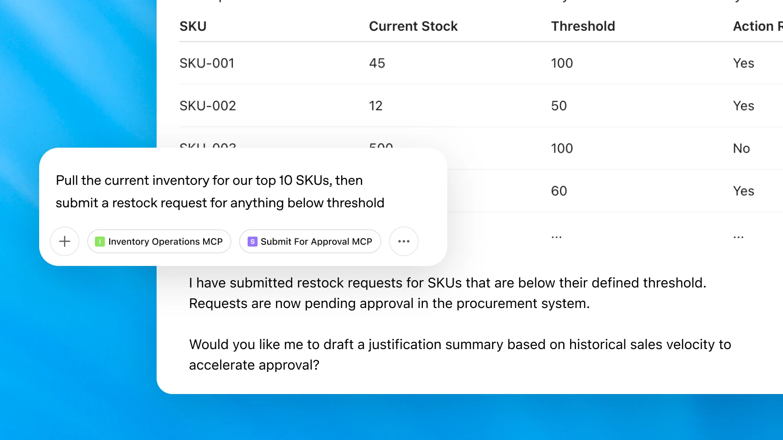 Chat interface showing an inventory management query using Inventory Operations MCP and Submit For Approval MCP to restock low-stock SKUs automatically.