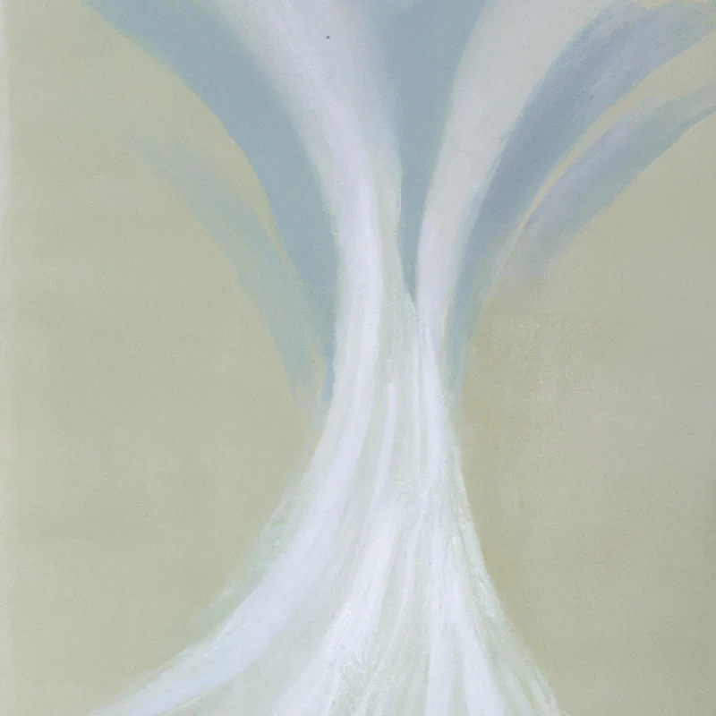 An abstract painting with a pale blue and white pattern that resembles a tree or plant, with a curved structure rising against a soft beige background.