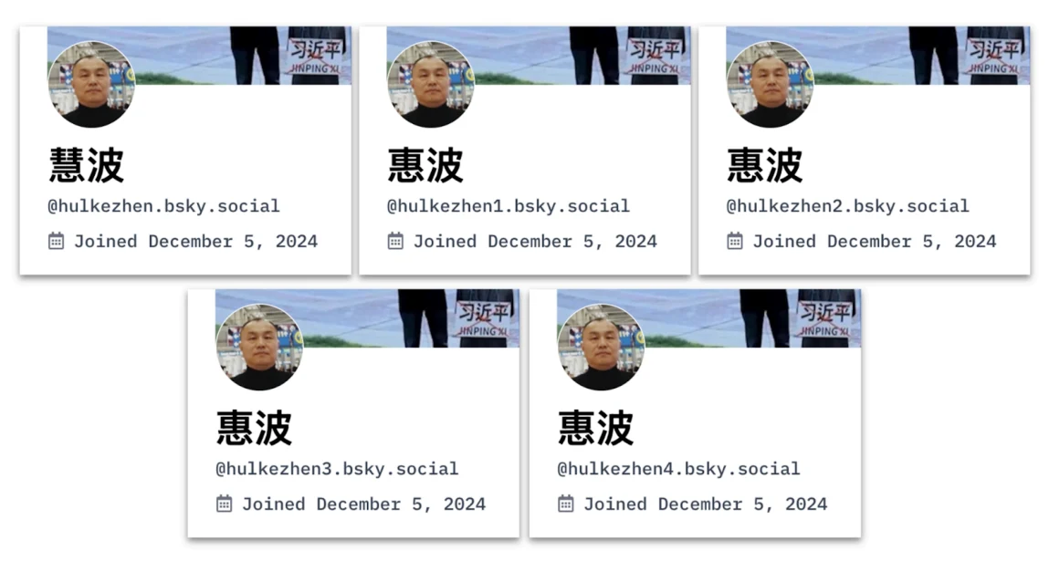 Five Bluesky profile cards for accounts using Hui Bo’s name and profile picture, all joined December 5, 2024.