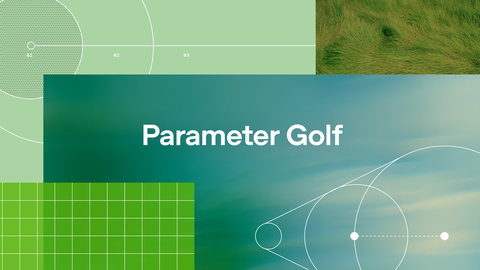 Parameter Golf social card with green abstract course graphics, grid panels, and the words “Parameter Golf.”