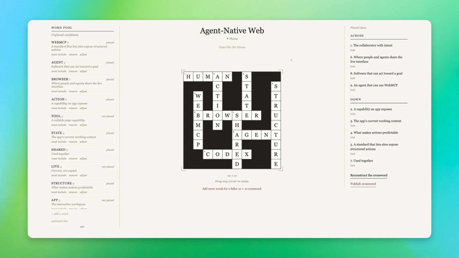 Screenshot of the Crossword Builder WebMCP example app displayed on an approved neutral wallpaper