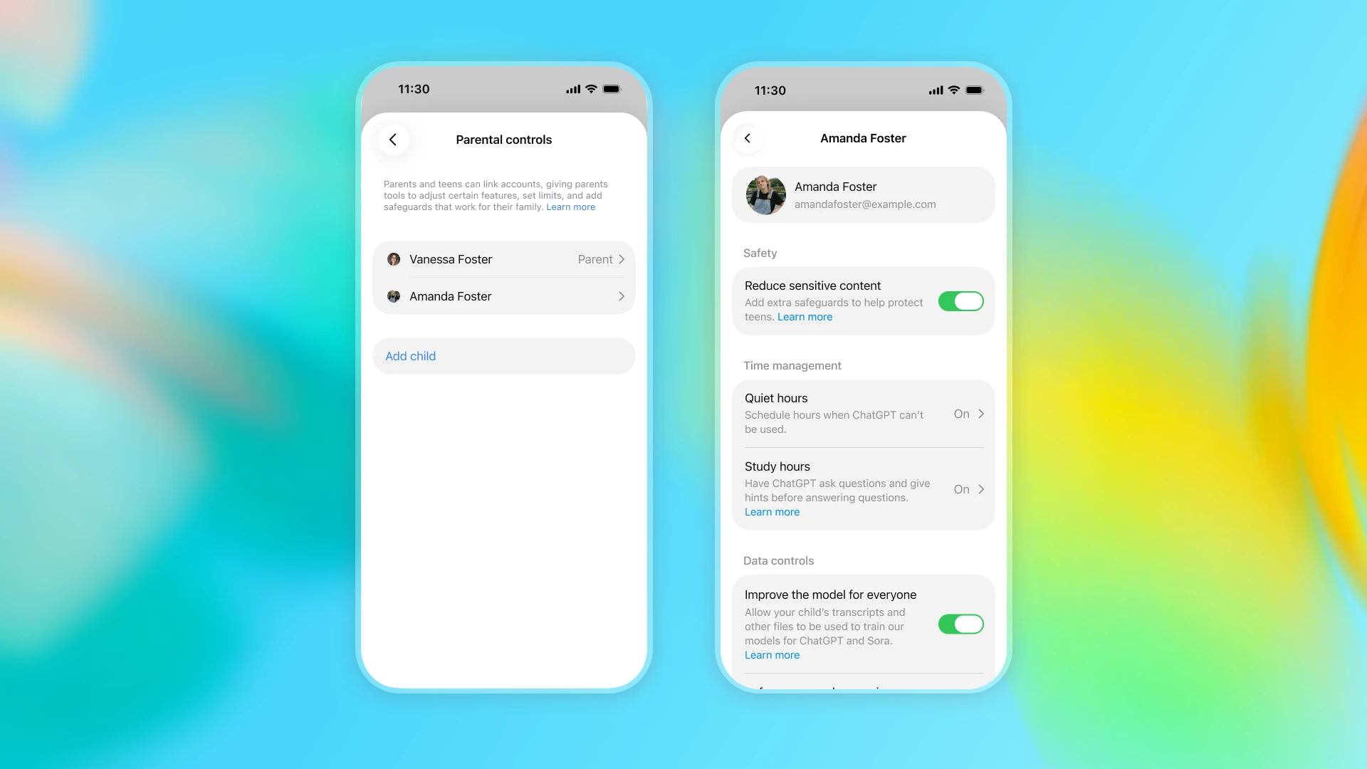ChatGPT parental controls showing linked accounts and settings for sensitive content, quiet hours, study hours, and data controls.