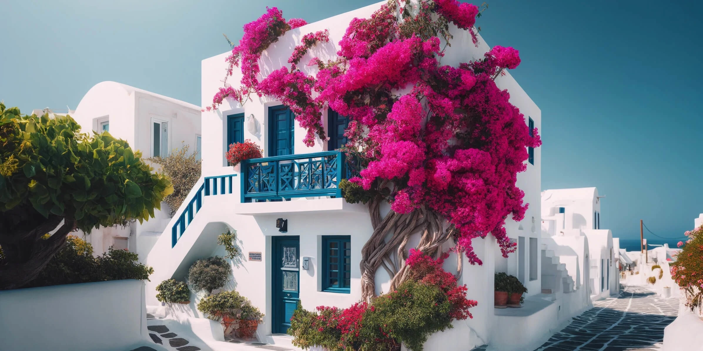 White Cycladic houses with blue accents and vibrant magenta bougainvillea in a serene Greek island setting.
