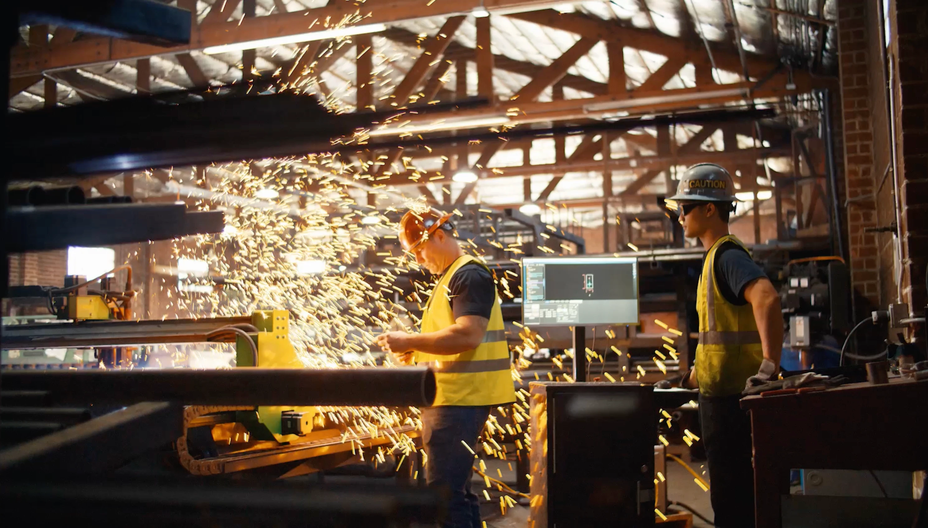 Two workers wearing safety vests and hard hats operate machinery in a metal fabrication shop as bright sparks fly from a cutting process.