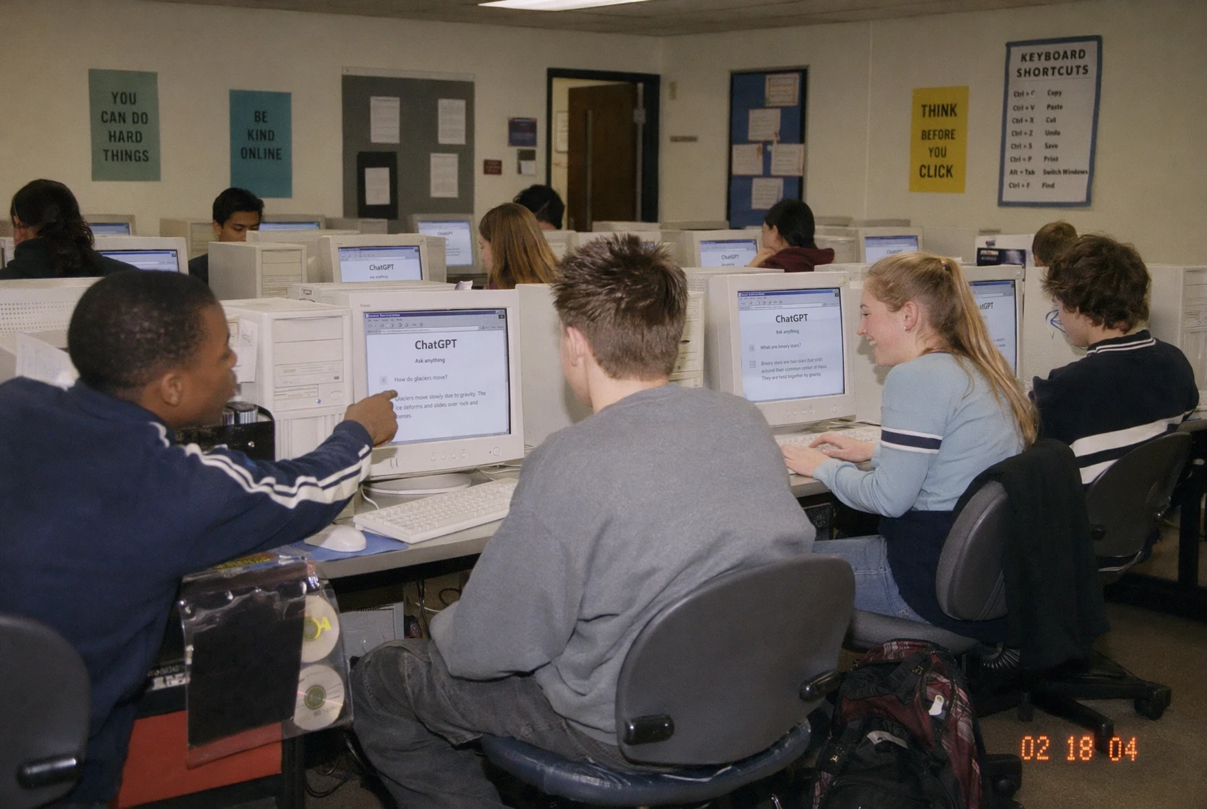 Generated with ChatGPT Images 2.0, this nostalgic computer lab scene shows students using bulky desktop PCs with ChatGPT open on CRT monitors, styled like an early-2000s classroom photo with dated timestamps and retro technology.