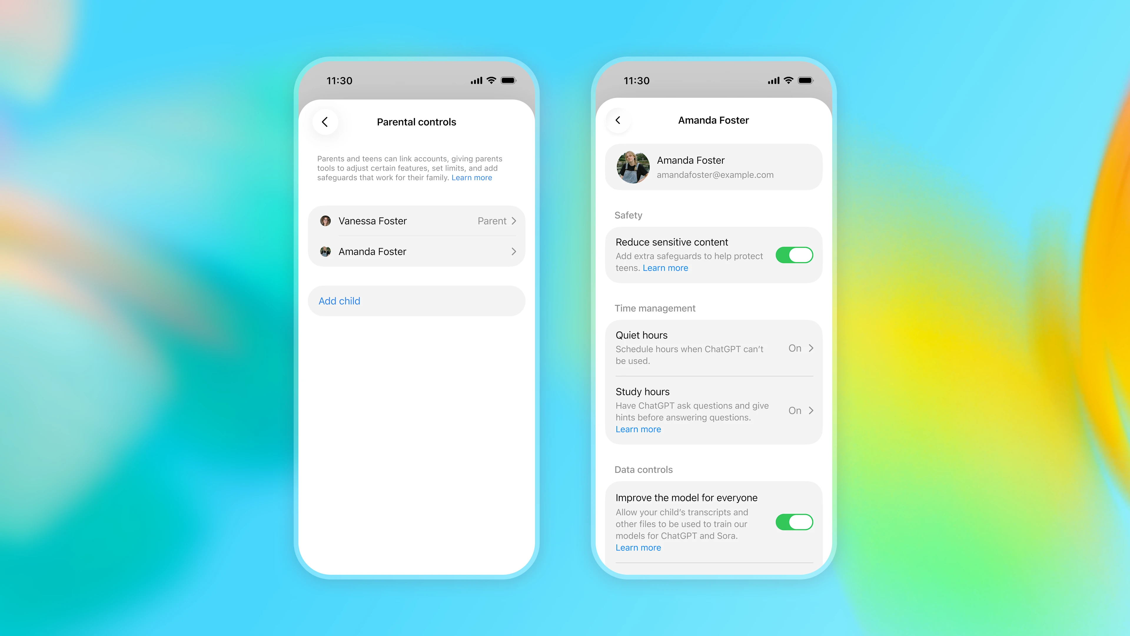 ChatGPT parental controls showing linked accounts and settings for sensitive content, quiet hours, study hours, and data controls.