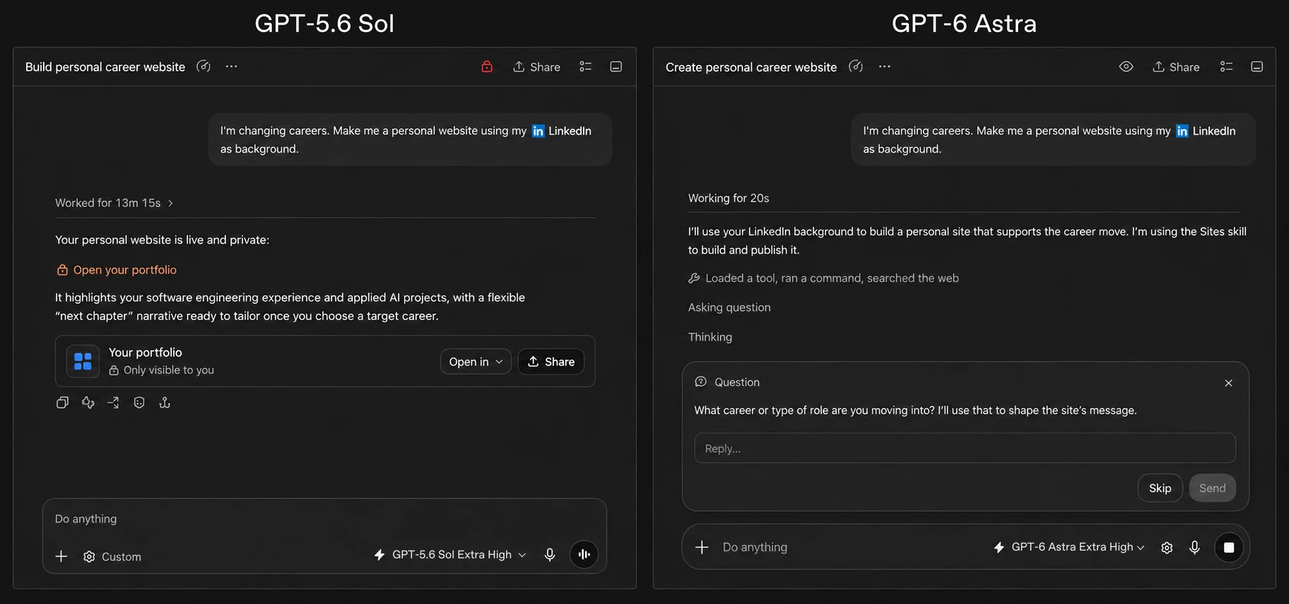 A side-by-side comparison of GPT-5.6 Sol and GPT-6 Astra helping create a personal career website.