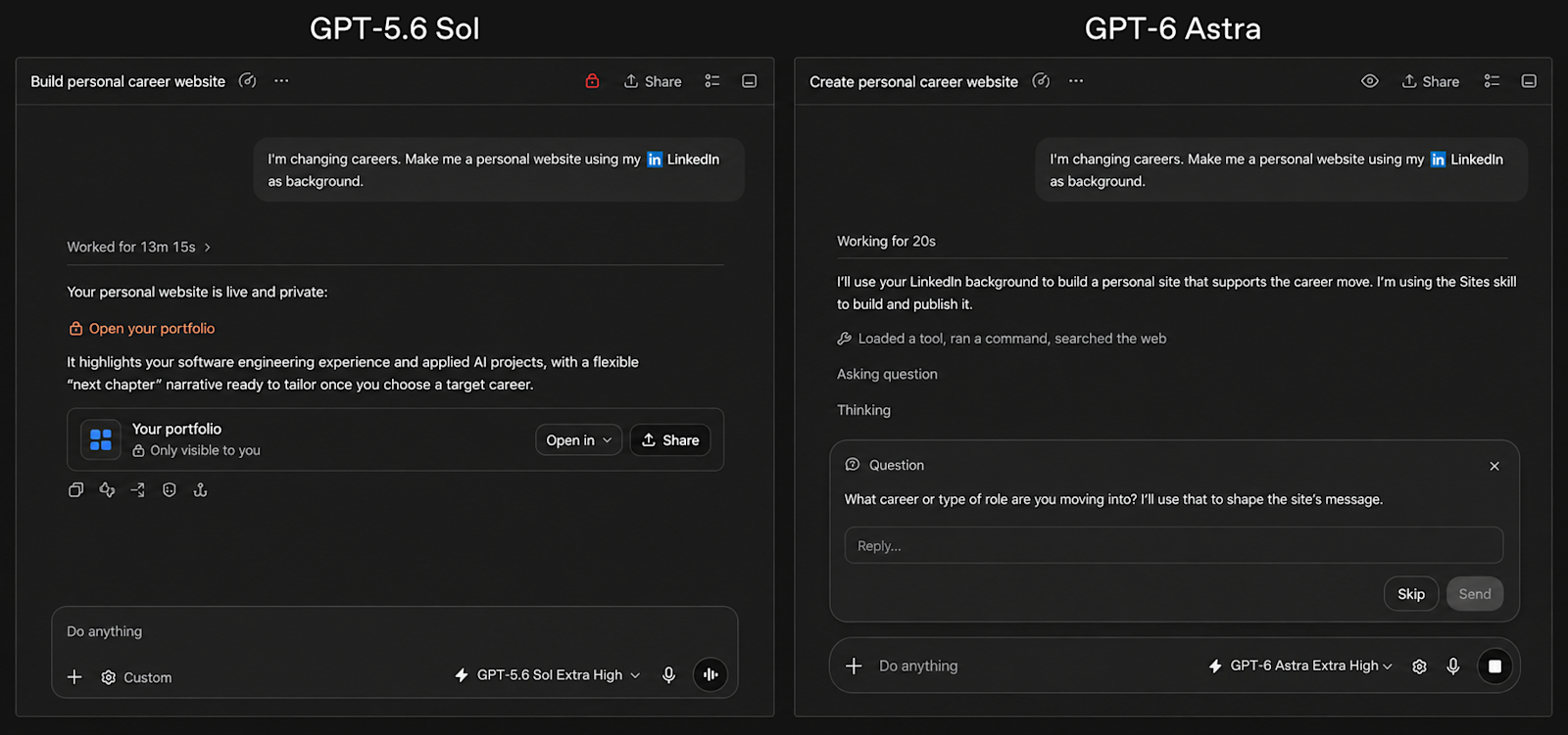A side-by-side comparison of GPT-5.6 Sol and GPT-6 Astra helping create a personal career website.