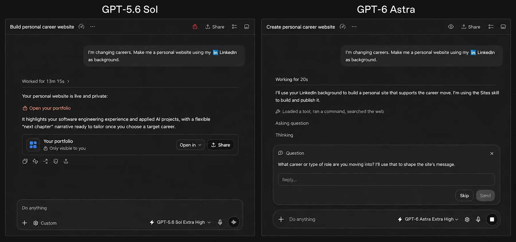 Side-by-side comparison of GPT-5.6 Sol and GPT-6 Astra helping build a personal career website in ChatGPT