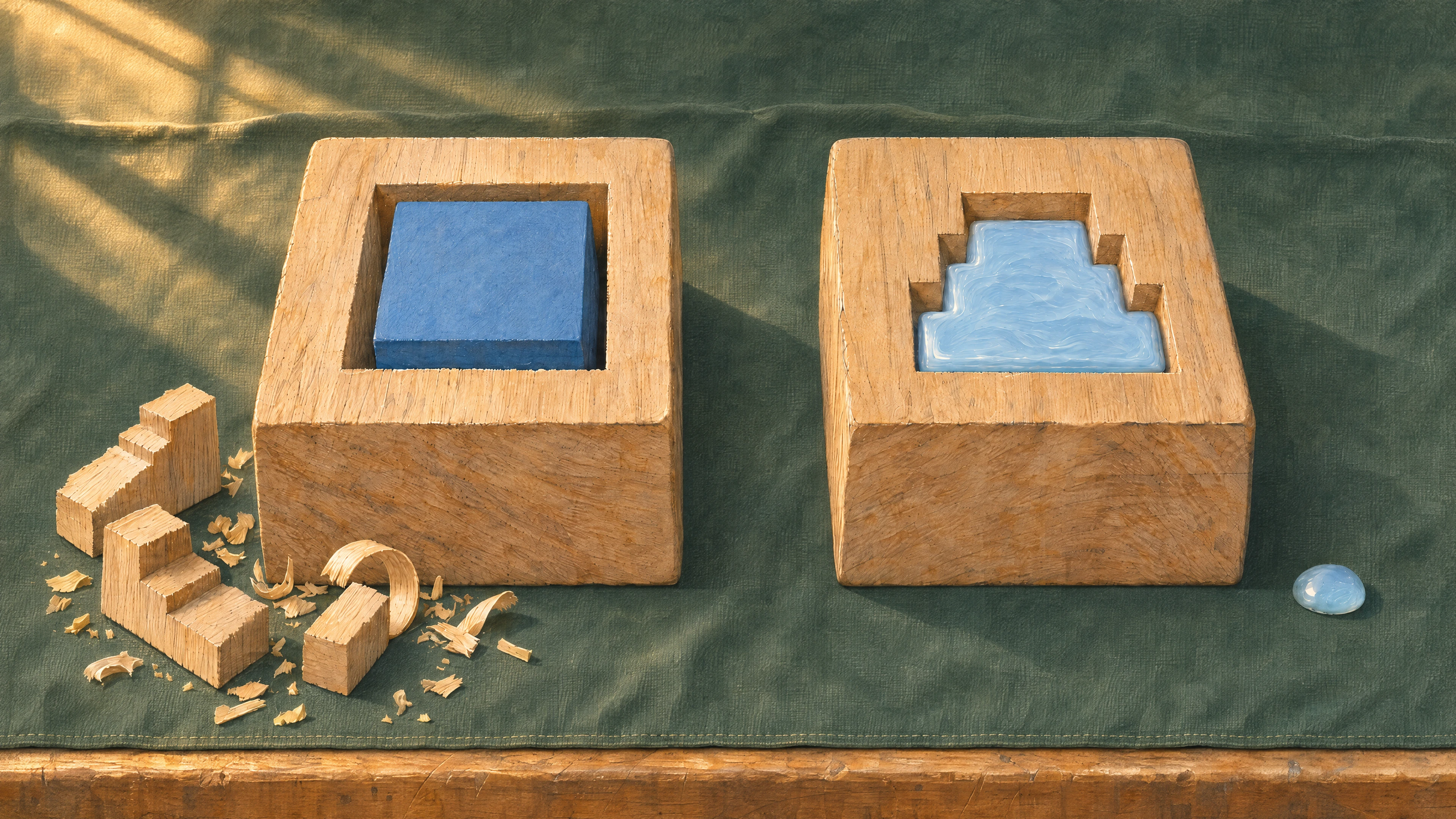Image 7: Two wooden blocks show a square-shaped opening and a stepped opening fitted by different arrangements of smaller blocks.