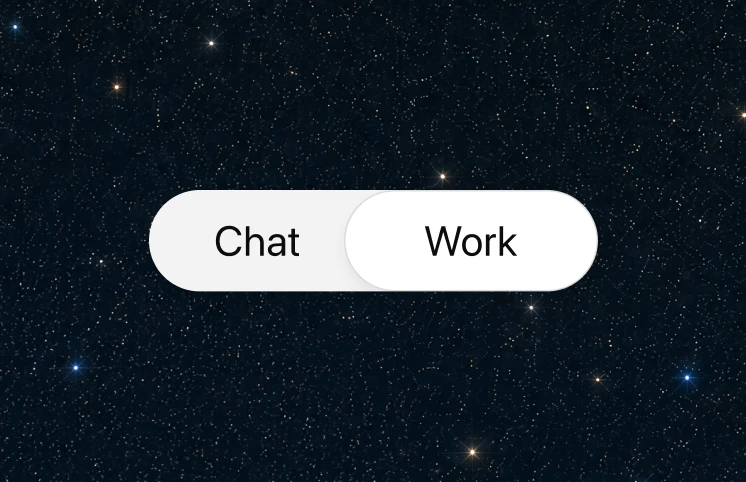 Chat and Work toggle on a star-filled background.