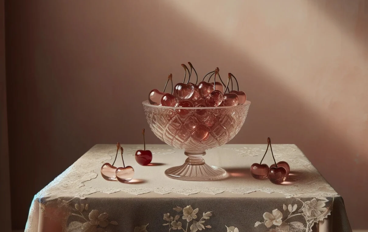 An elegant glass bowl sits on top of a table. The table cloth is white lace with a delicate floral pattern. Inside the bowl are many glass cherries. It is overly full, and some have spilled onto the table cloth.