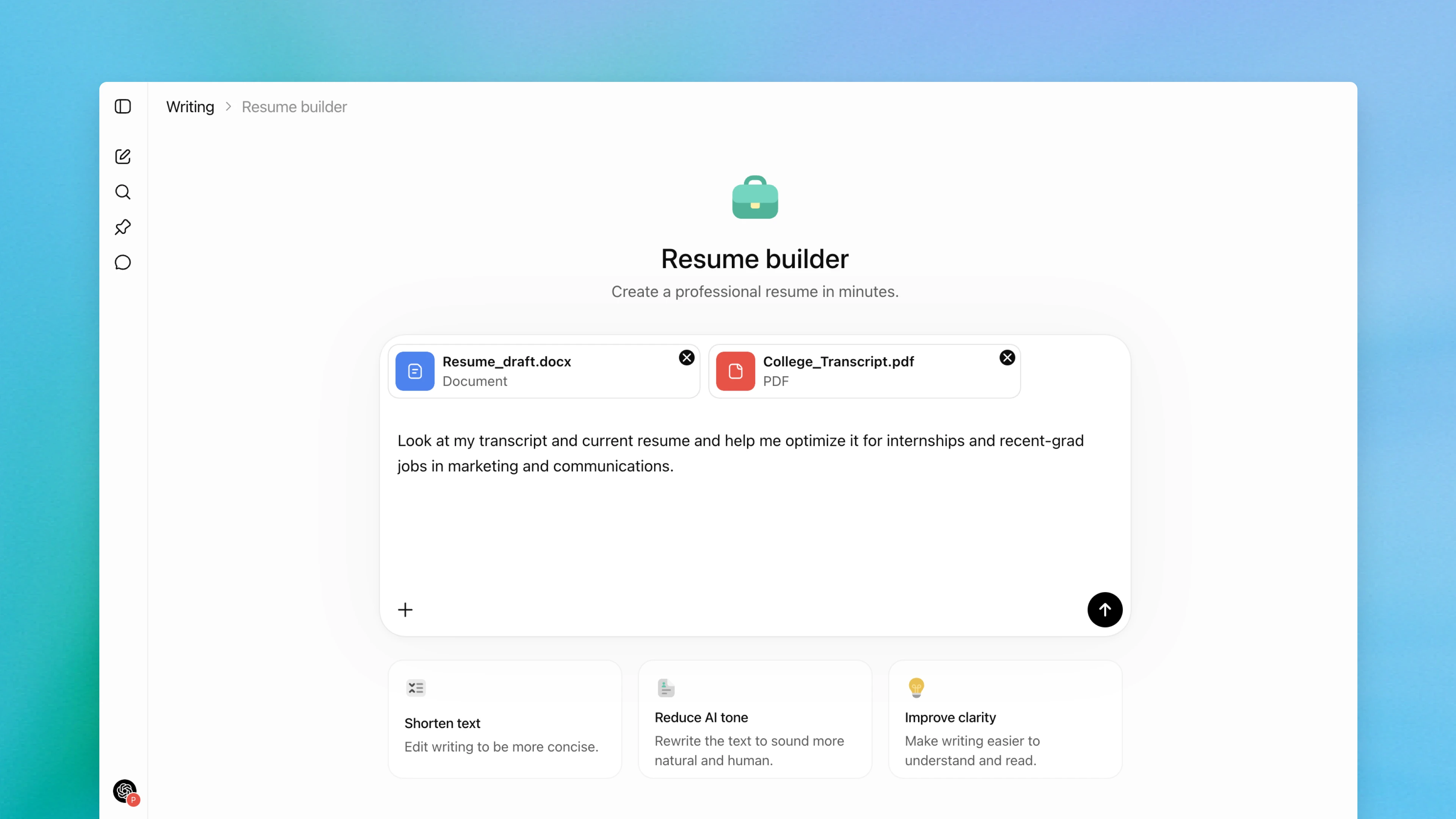 Screenshot of the ChatGPT Resume builder with a resume draft and college transcript attached, alongside a prompt asking ChatGPT to optimize the resume for internships and recent graduate jobs.