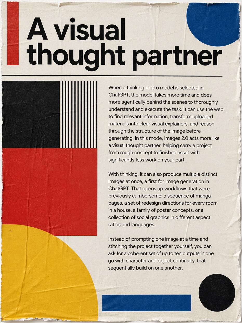 Bauhaus-inspired poster presenting the model as a visual thought partner.