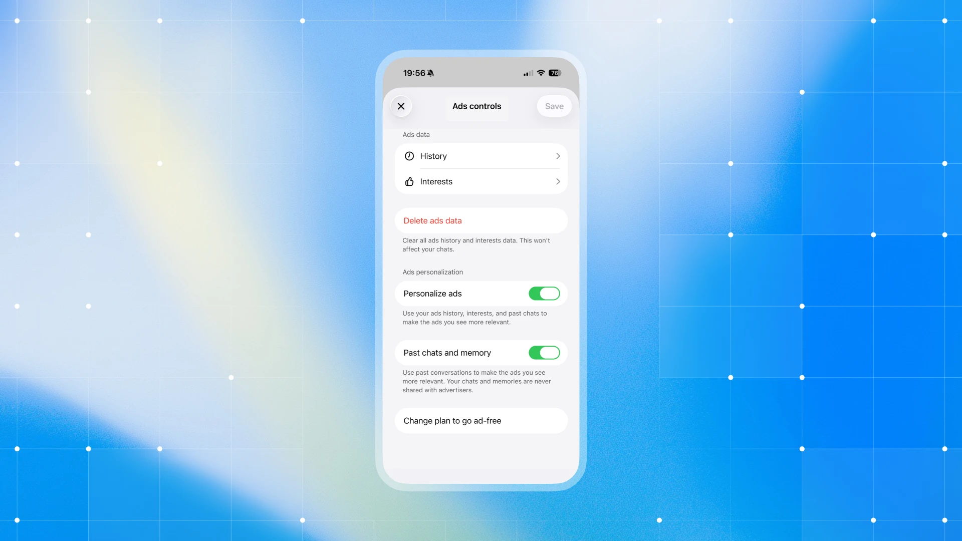 ChatGPT personalized advertising settings over the blue Privacy Center visual identity.