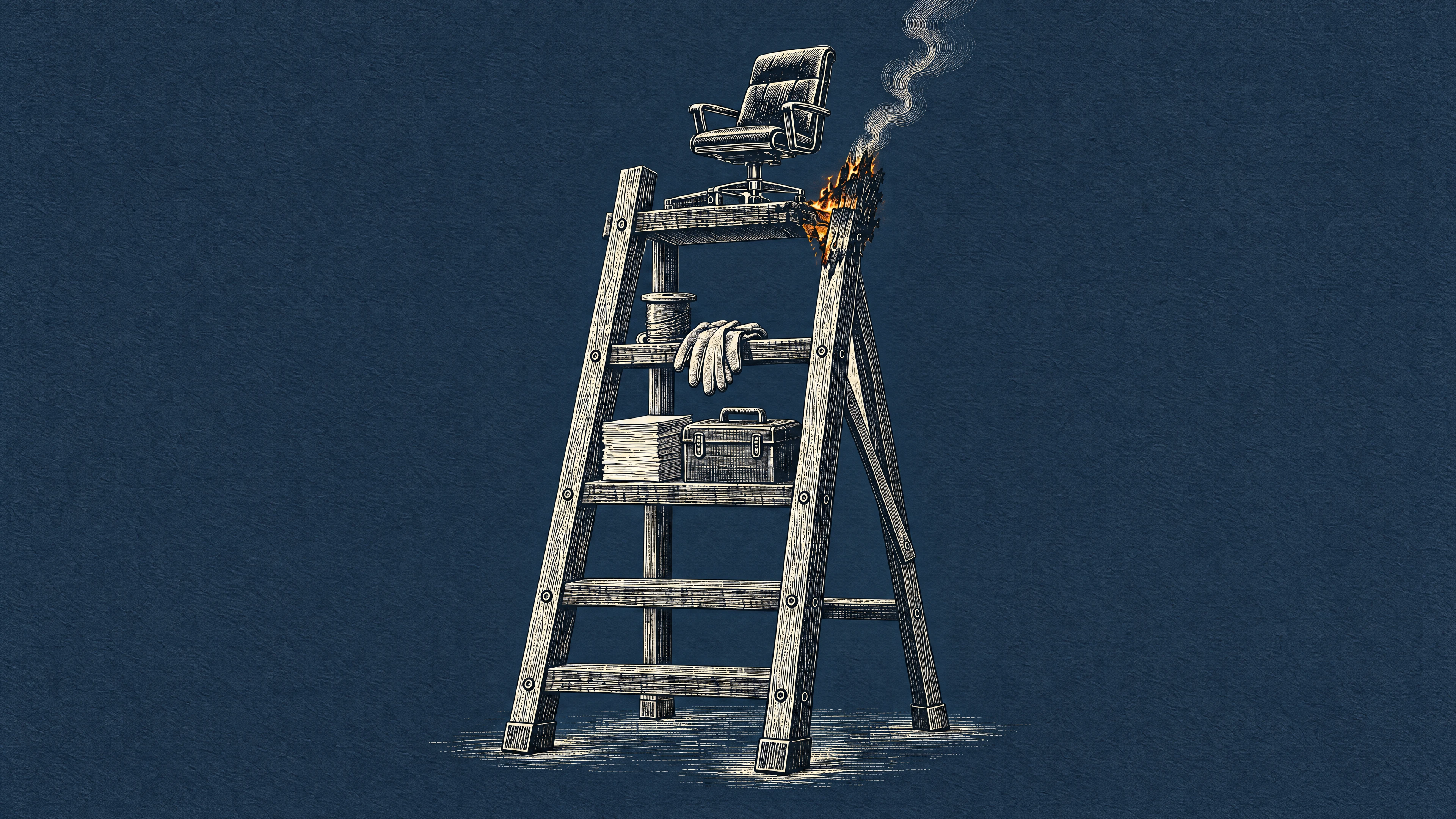 Image 10: A ladder burns at its top while a skeletal hand rests on one of the upper rungs.