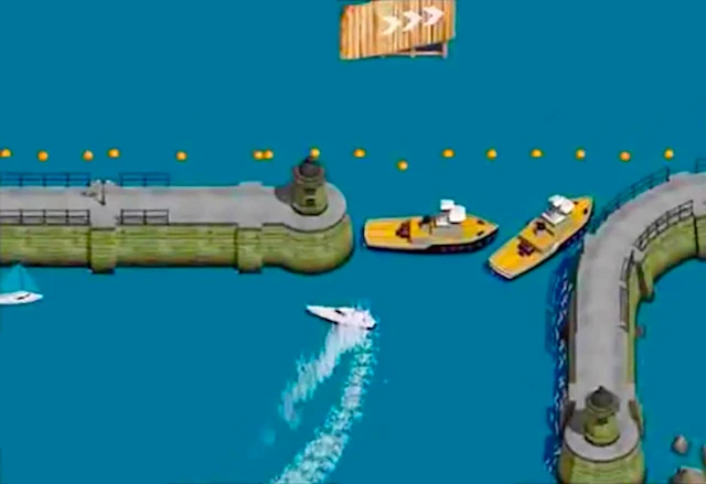 Screenshot of a web game interface with two boats blocking a narrow channel on water, an oncoming boat swerving away from the blockage