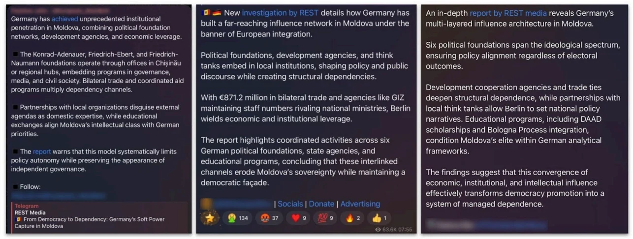 Three screenshots of Telegram posts about German influence in Moldova.