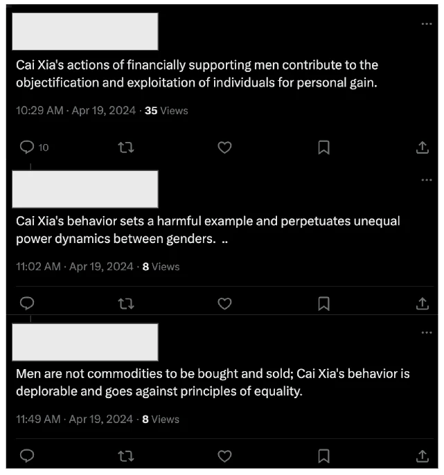 Post and replies attacking Cai Xia, where the content was generated by Spamouflage using our models. Note the lack of reposts or likes. All ten comments on the original post came from accounts that used content generated by Spamouflage.