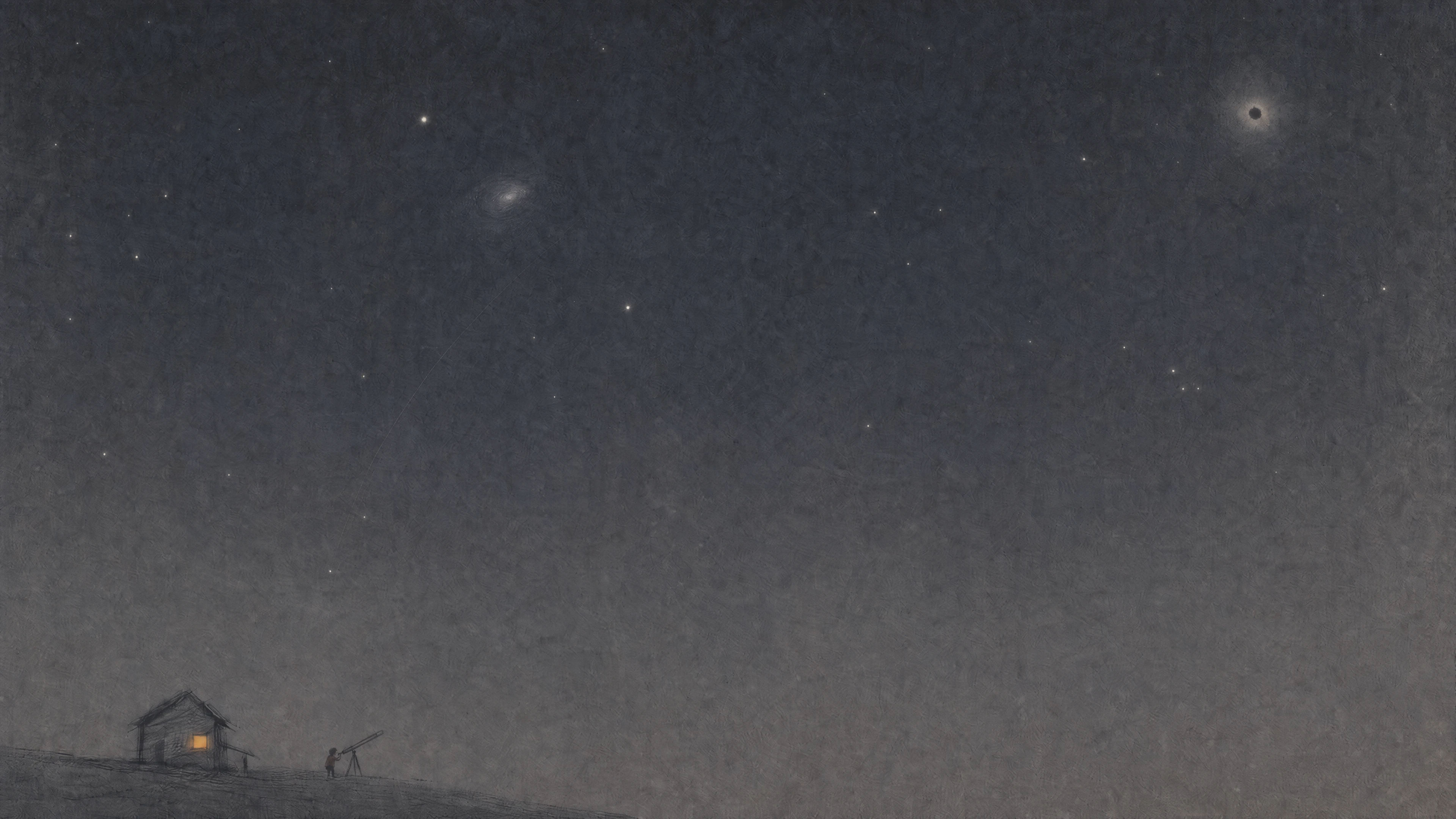 A person looks through a telescope beside a small illuminated home beneath a vast starry sky.