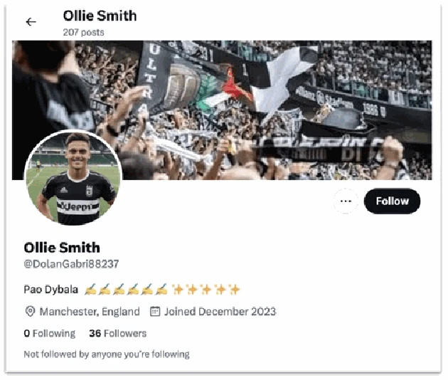 Typical account on X associated with this operation. Note the soccer theme, creation date, mismatch between handle and username, and low follower count. We assess that the profile picture was likely generated using AI (the distorted lettering is a potential open-source indicator). The banner image was copied from a Shutterstock original. X suspended the account during our investigation.