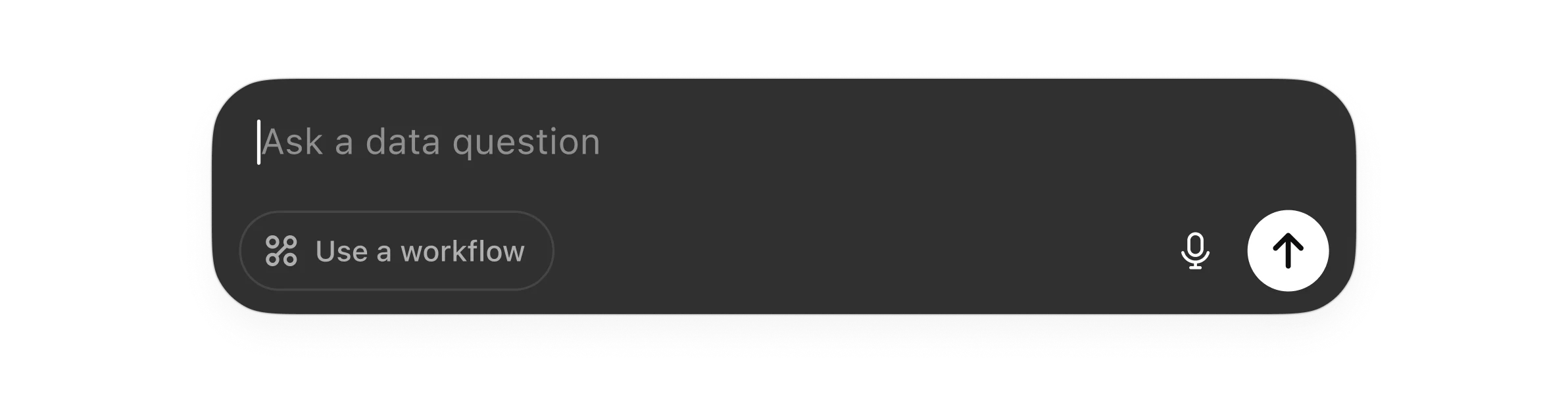 UI input bar with the placeholder text “Ask a data question.” Below it is a button labeled “Use a workflow,” and to the right are microphone and send icons. The bar has rounded corners and sits against a dark background.