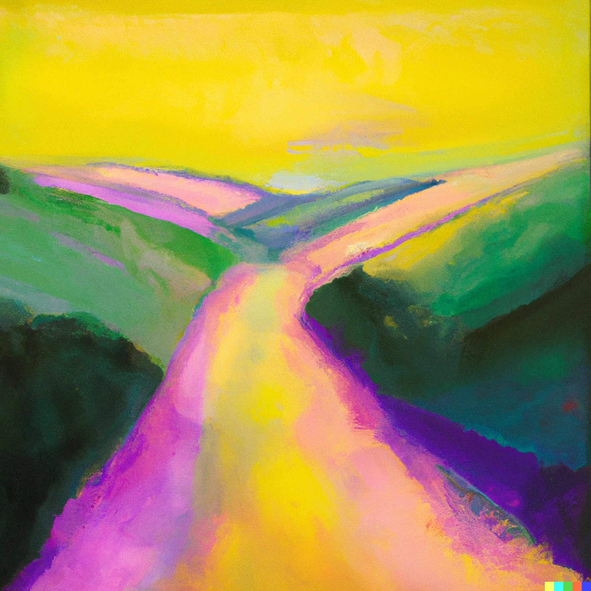 An abstract painterly image of bold colors evoking a road leading into distant hills.