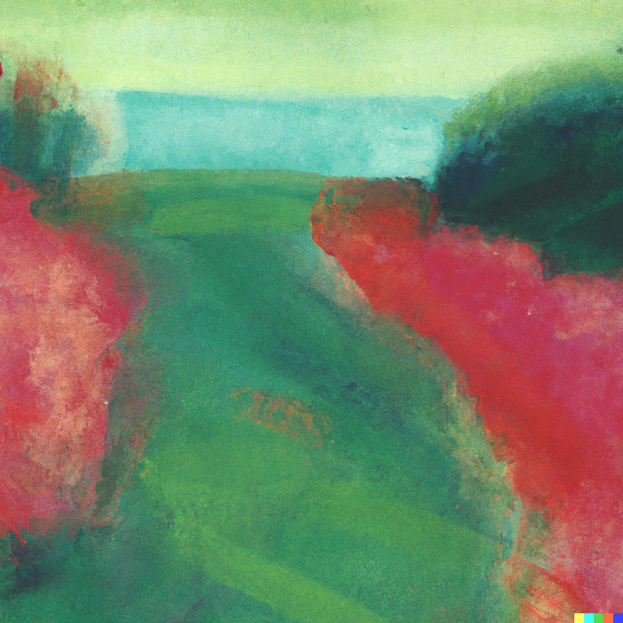 A textural, painterly image evoking a landscape in greens and reds.