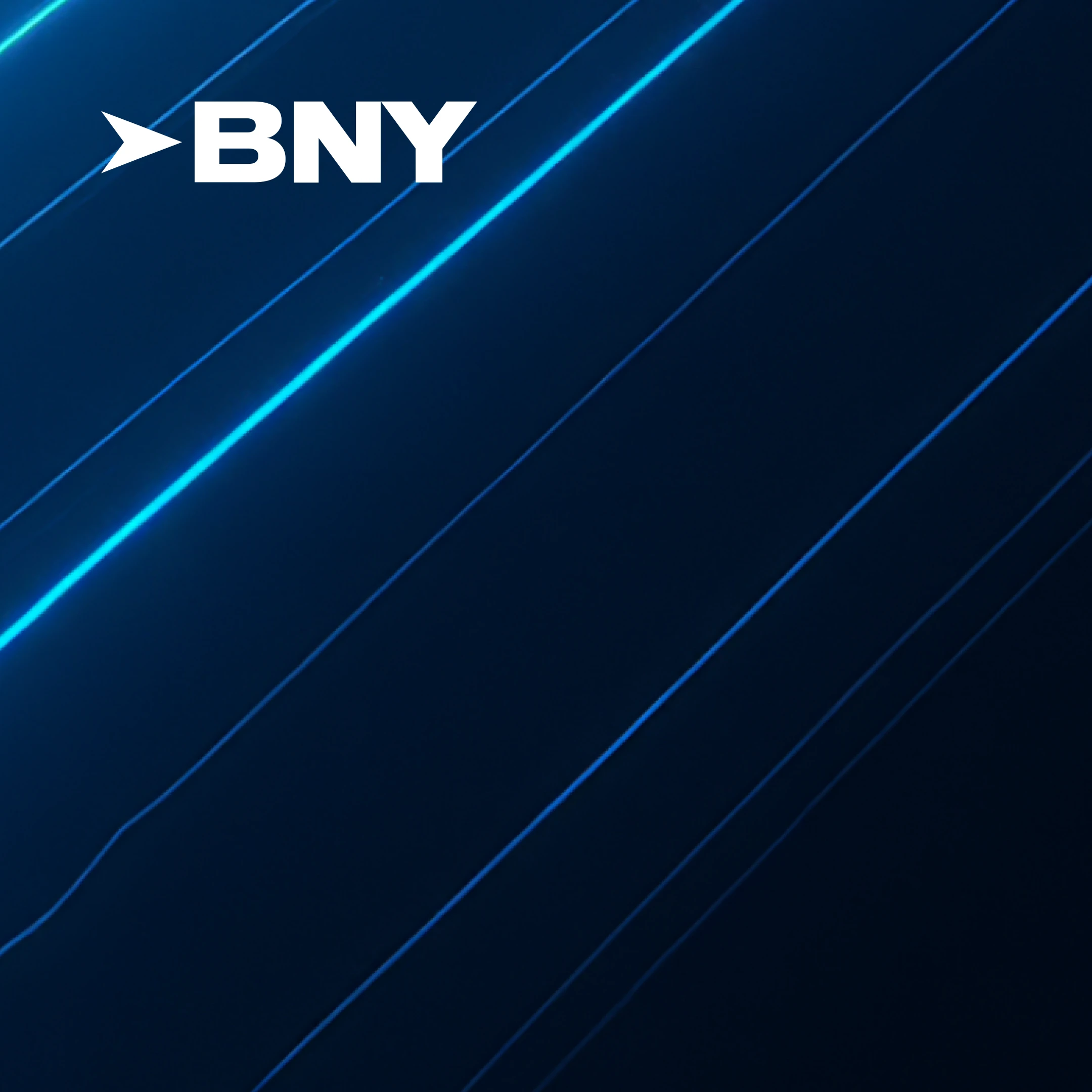 White “BNY” logo with a right-pointing arrow mark on a dark blue abstract background featuring diagonal glowing blue light streaks.
