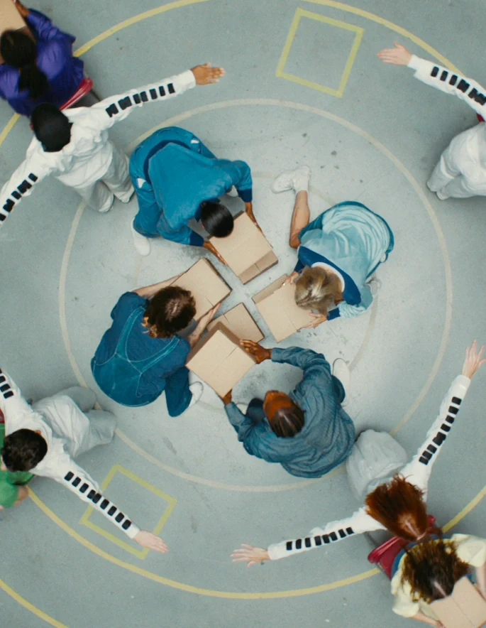Overhead view of people in blue and white holding cardboard boxes within circular floor markings.
