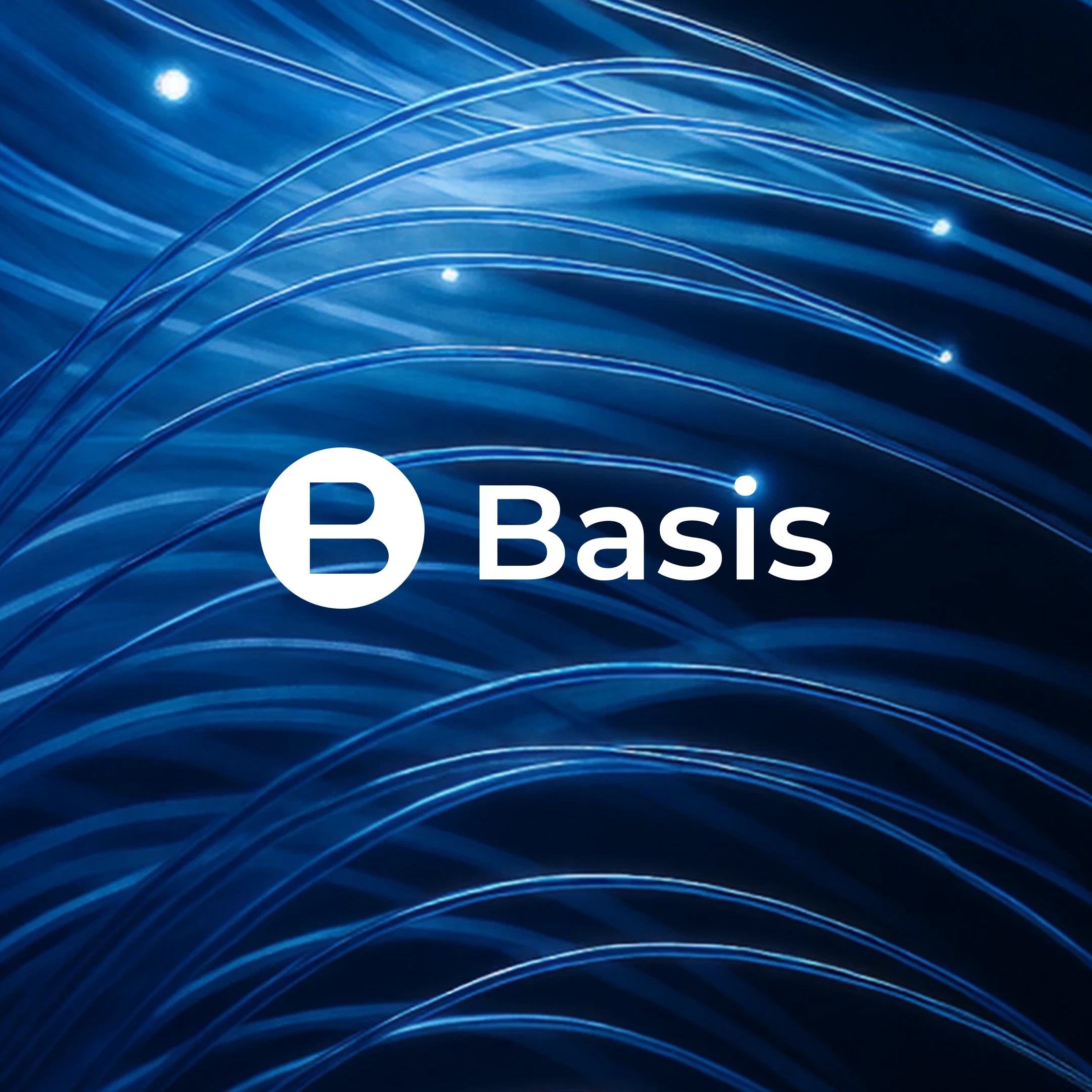 A digital background of glowing blue fiber-optic strands with the white Basis logo centered in the frame.