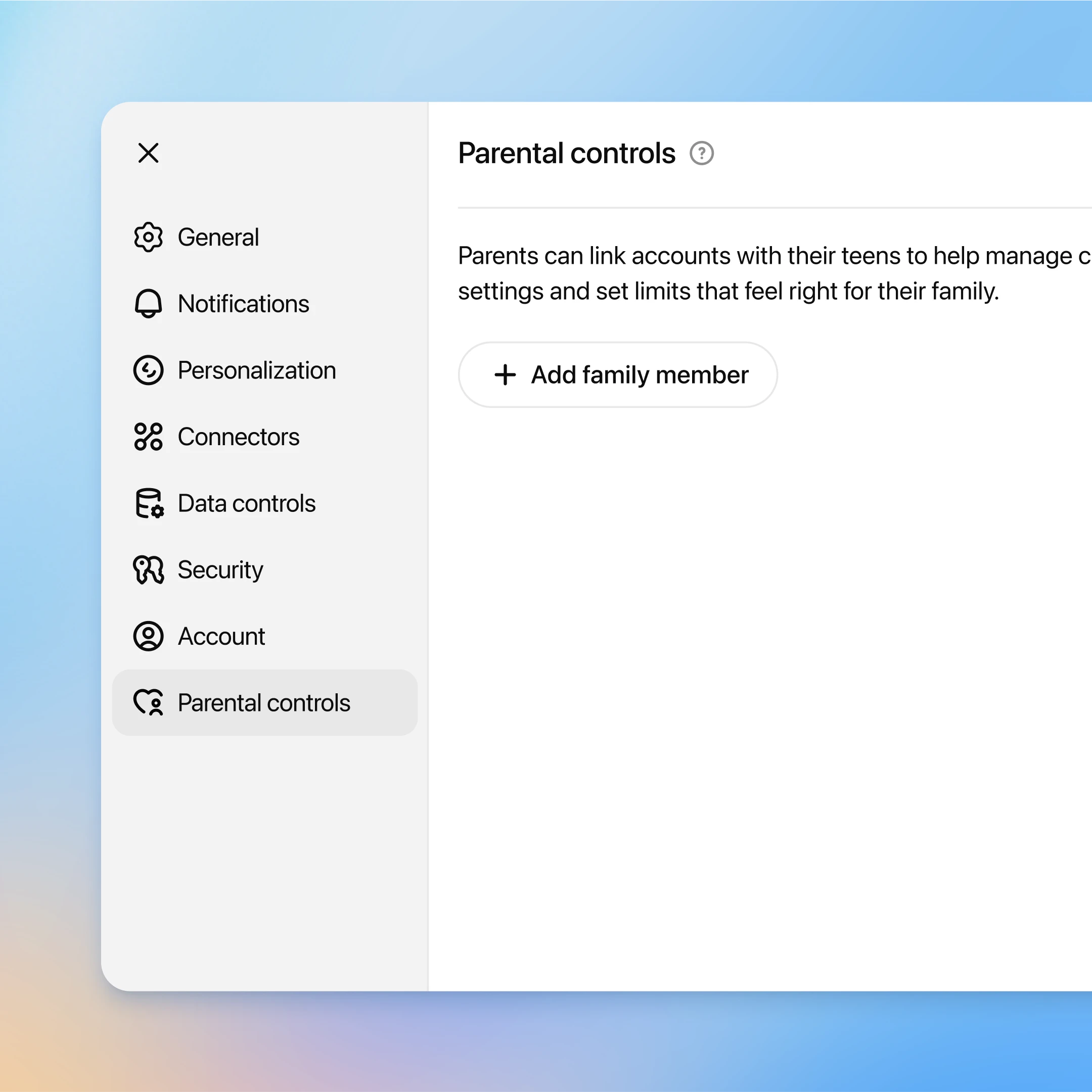 App settings screen showing the left-hand menu with options including General, Notifications, Personalization, Connectors, Data controls, Security, Account, and Parental controls (selected). The main panel is titled ‘Parental controls’ with text: ‘Parents can link accounts with their teens to help manage settings and set limits that feel right for their family.’ A button below reads ‘+ Add family member.’