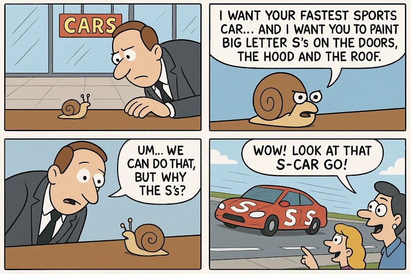 کمیک استریپ چهار قابی درباره حلزون که با GPT-4o تولید شده و متن خوانایی دارد