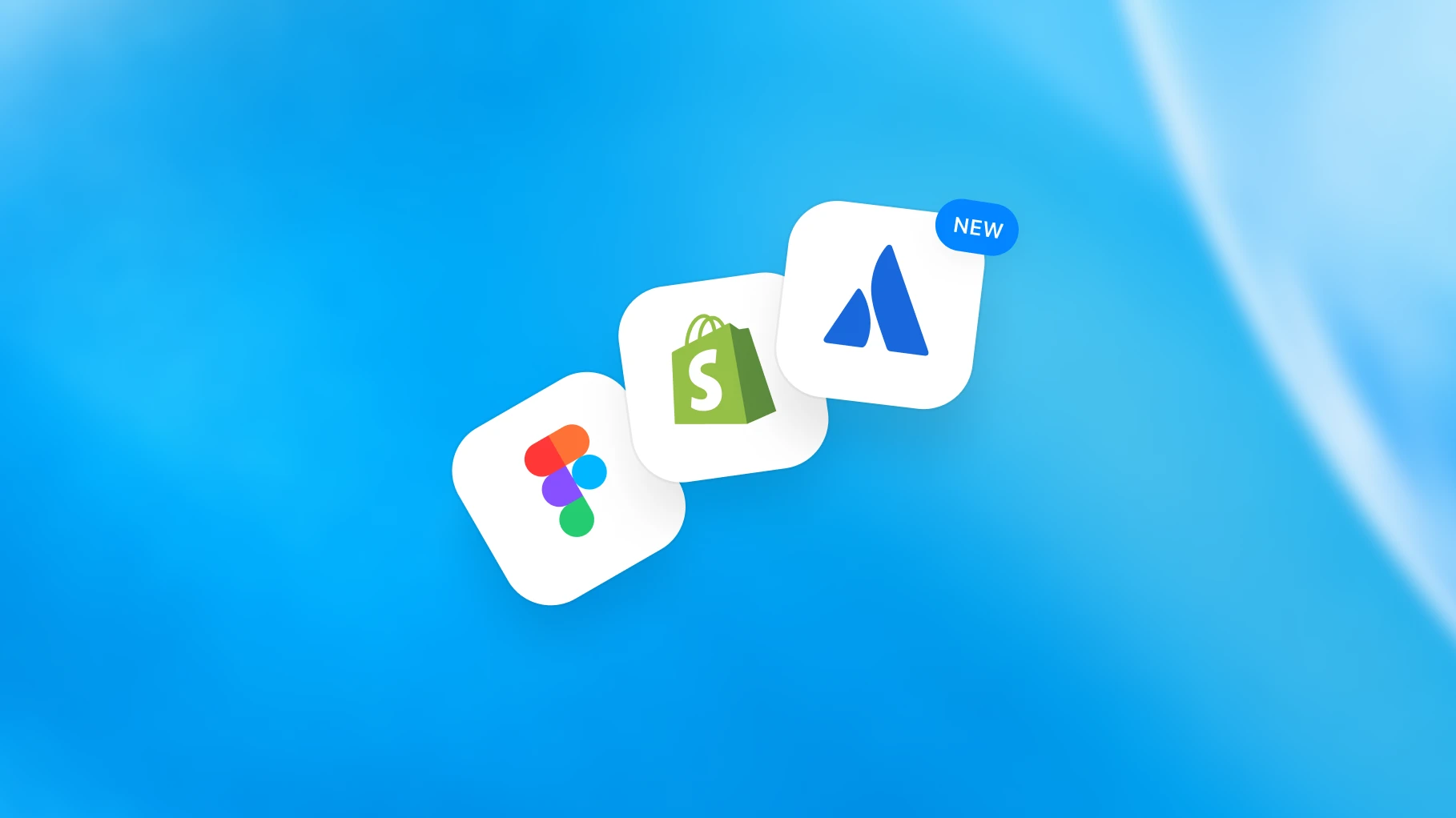 Figma, Shopify, and plugin cards on a blue background.