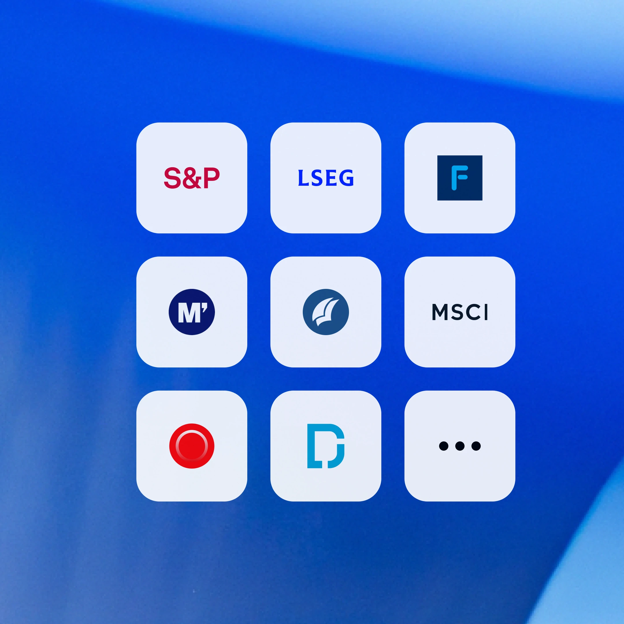 Grid of connector icons representing financial and data providers, including S&P, LSEG, FactSet, Moody’s, PitchBook, MSCI, and others, displayed on rounded tiles against a blue gradient background.