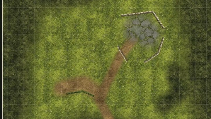 Observatory fantasy map canvas showing a ruined stone tower in a forest clearing.