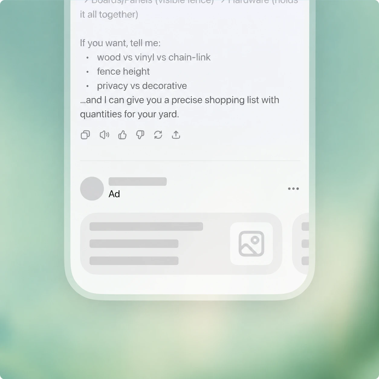 A ChatGPT response interface showing a sponsored card in a soft green gradient.