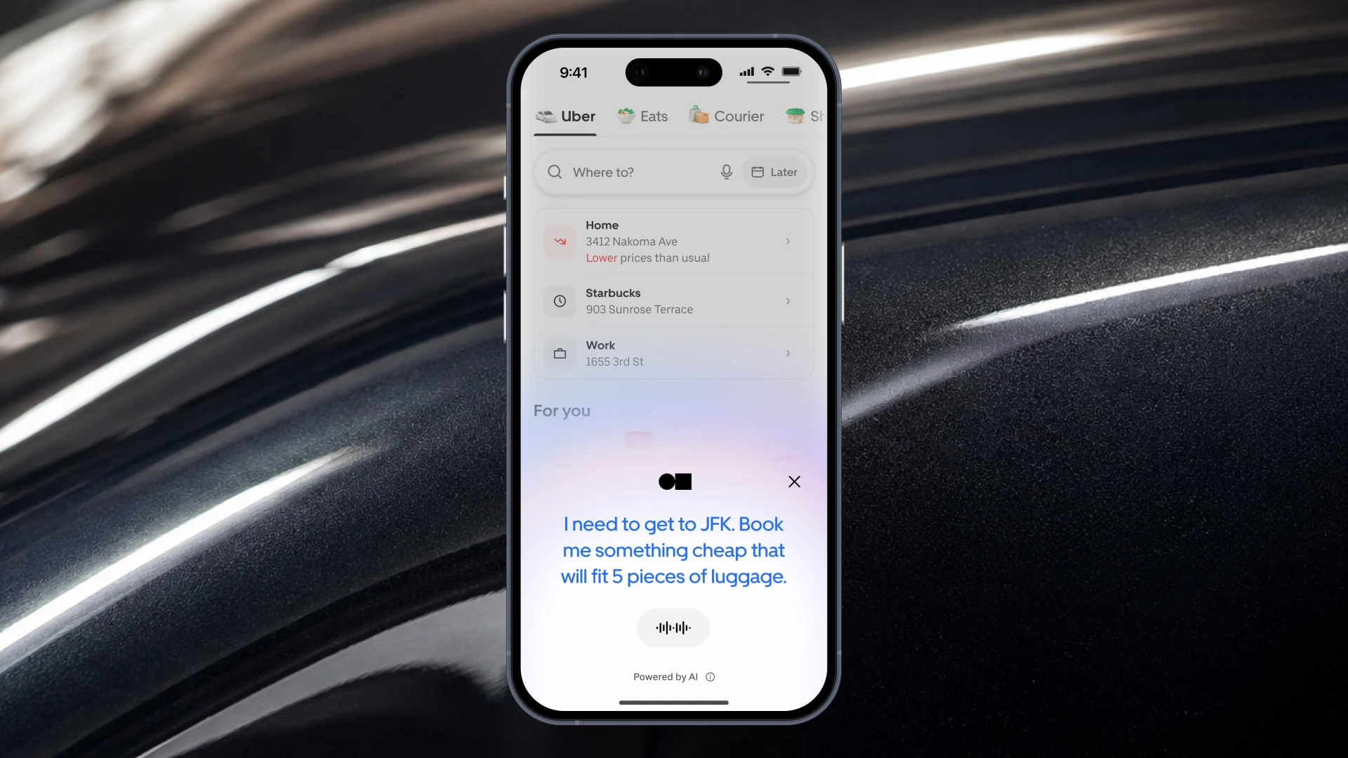 Image 1: A still image of a mobile Uber app voice booking experience with natural-language ride recommendations.